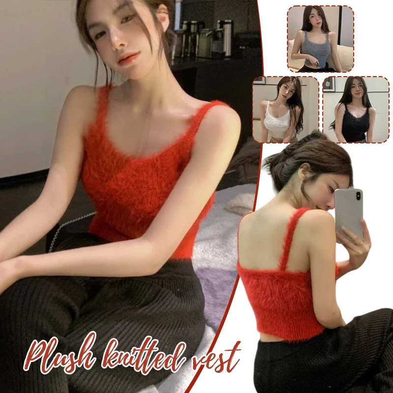 Women Faux Mink Fur Knitted Camisole Vest Cropped Tops Autumn Winter Female Club Party Sleeveless Sweater Tank Tops - Image 2