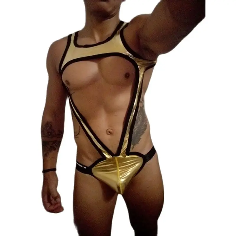 Gay Men Underwear Underpants Sexy Shiny Imitation Leather Men\'s Thong Sissy String Homme Bodysuit Jockstrap Cuecas Masculinas