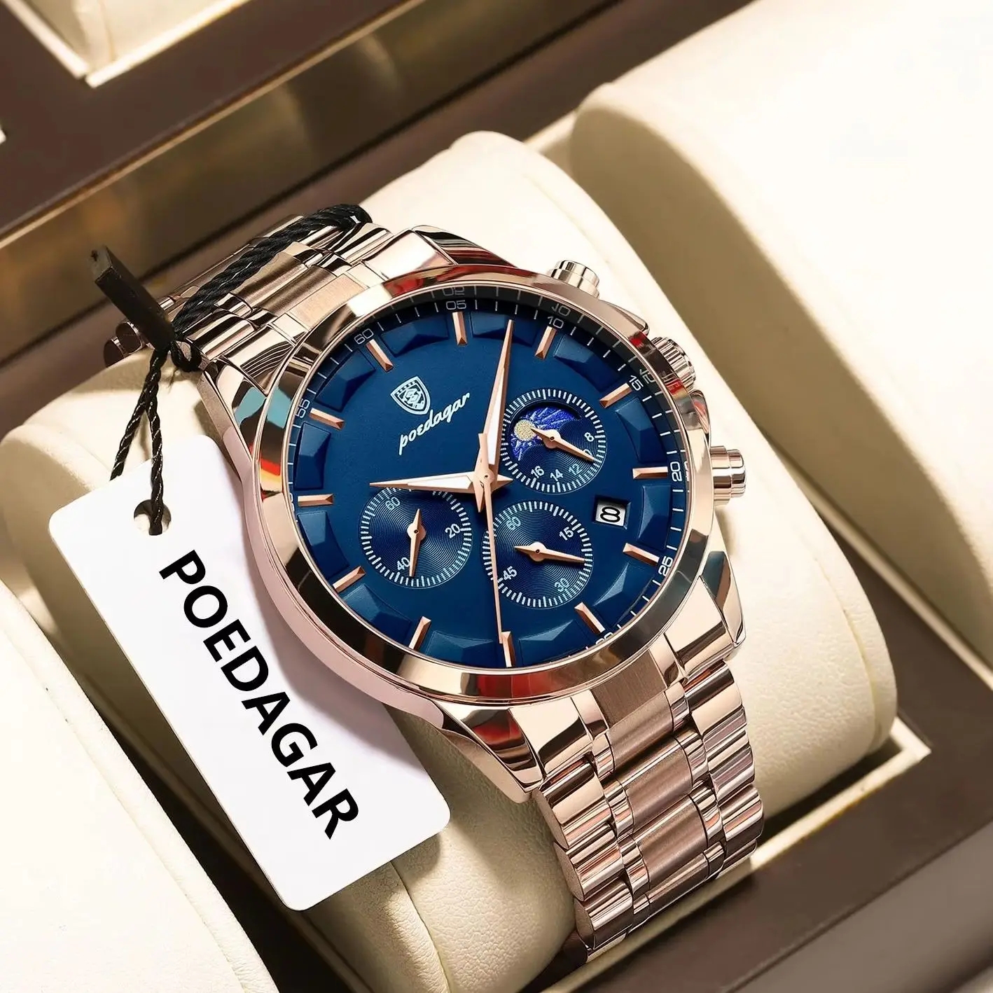 POEDAGAR Trendy Casual Men Wristwatch Waterproof Stainless Steel Luminous Man Watch Chronograph Date Quartz Luxury Men's Watches