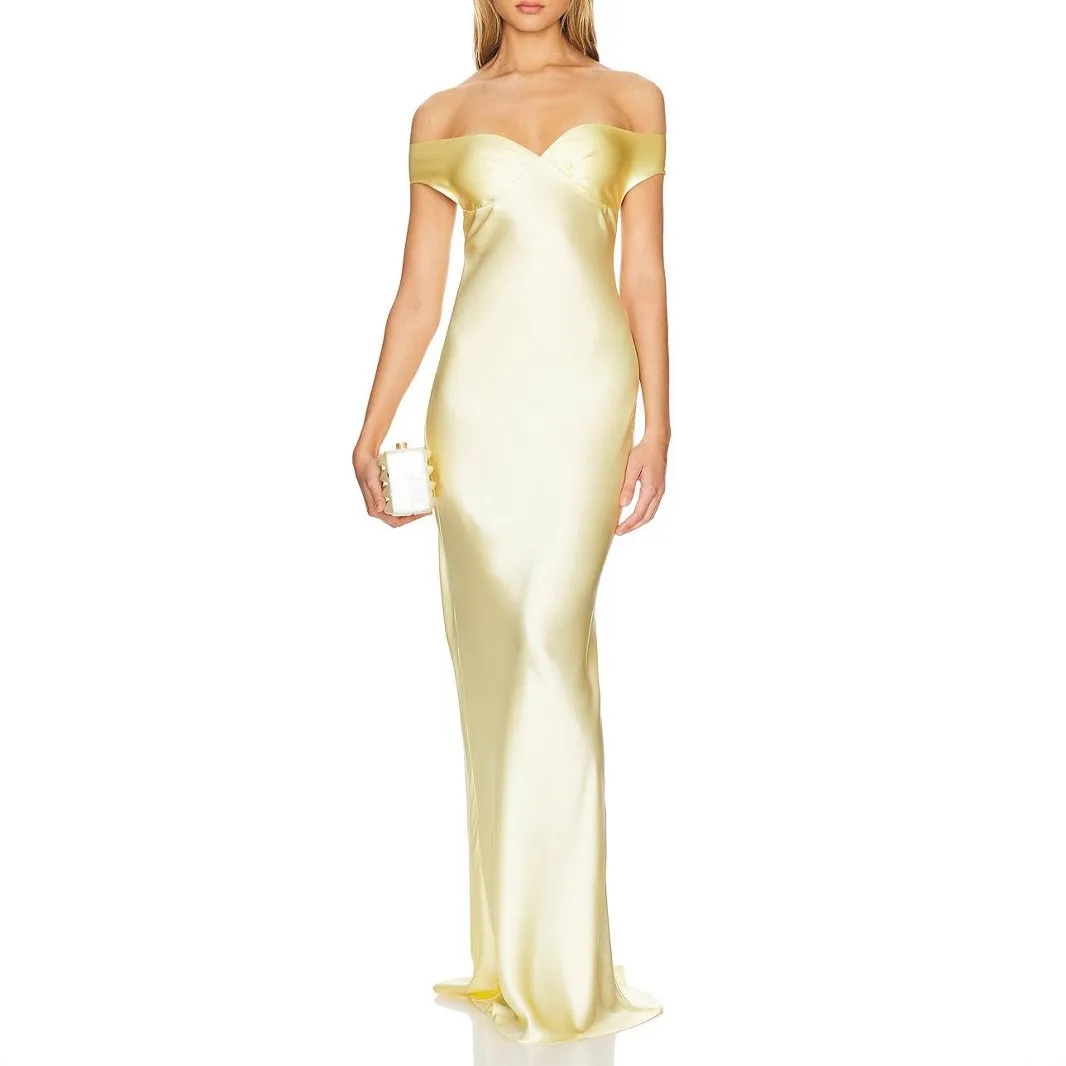 Sleeveless Off Shoulder Satin Maxi Dress for Wedding Guest Elegant Party Prom Bodycon Mermaid Long High Waist Solid Color Floor