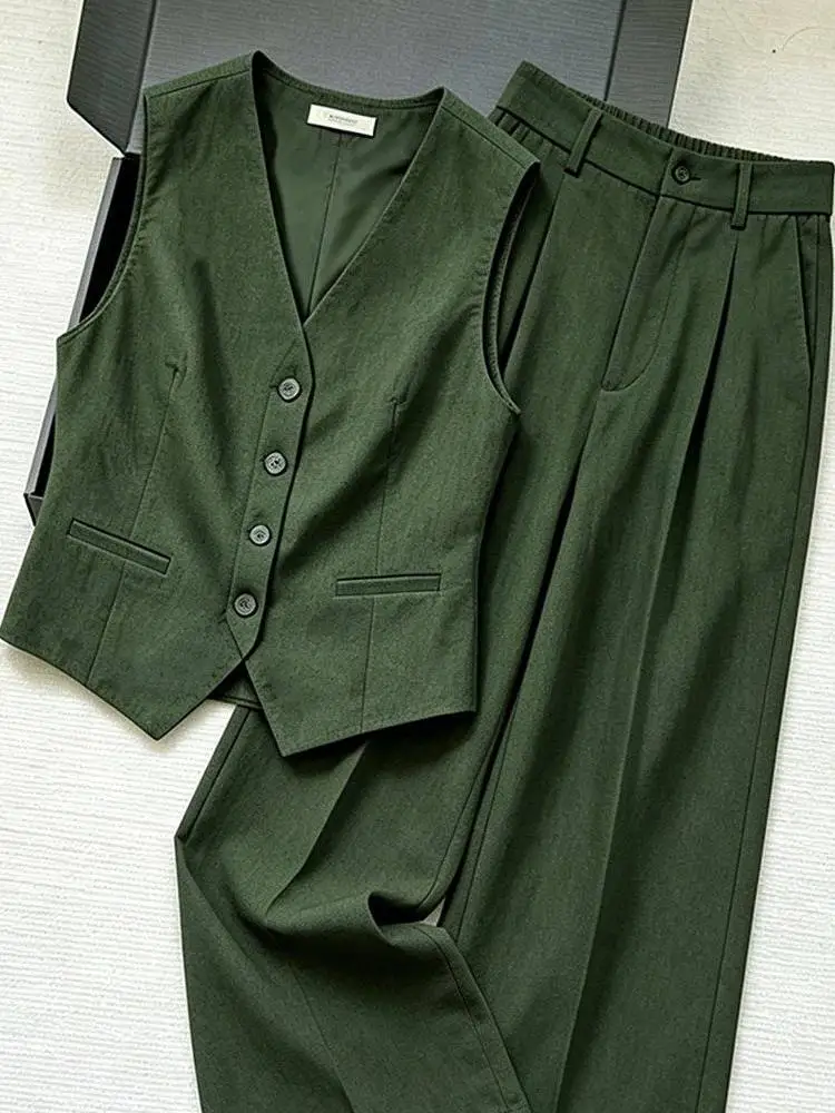 Retro Fashion Set for Women's Summer New Style High End Simple Sleeveless Coat Wide Leg Pants Two Piece Set