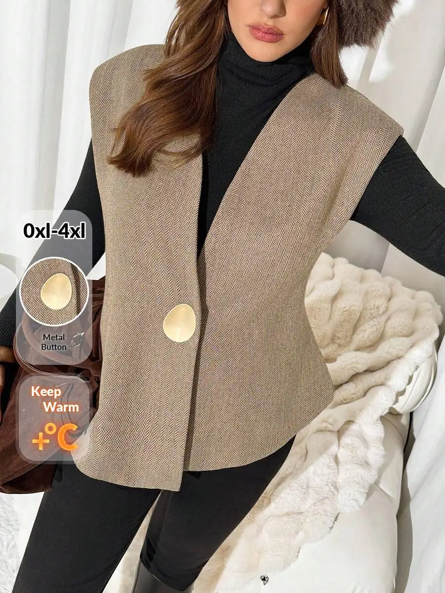 

Women's Herringbone Wool Blend Single Button Vest Jacket - Warm Plus Size Autumn Winter Outerwear