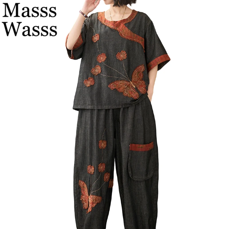

Masss Wasss Summer Korean Floral Outfit Females 2026 Loose Printed 2 Pieces Sets Classic Top Causal Tshirts Embroidery Trousers