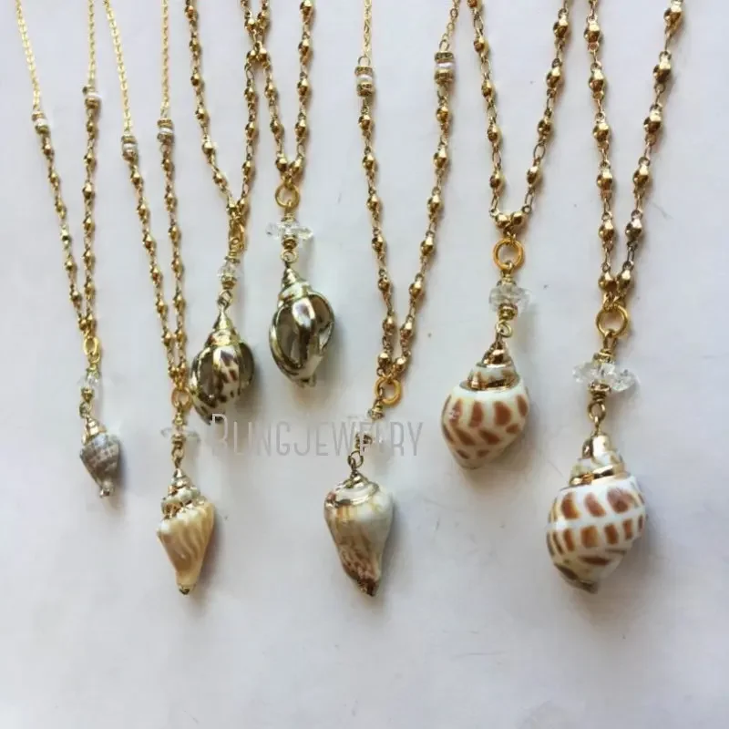 10pcs Seashell Layering Necklace Herkimer Quartz Crystal and Pearl Shell Beach Mermaid Boho Witch K Gold Color ChainJewelry