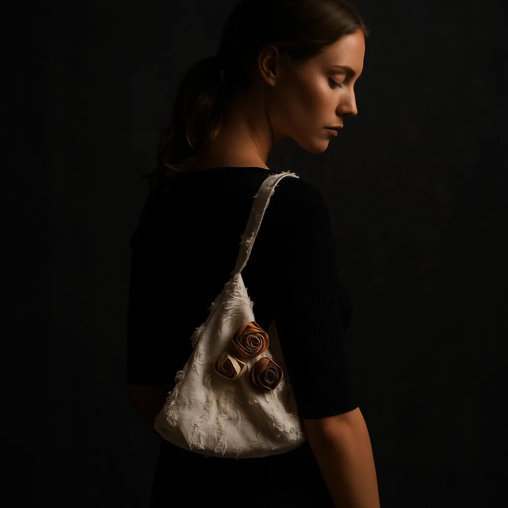 

Льняная жаккардовая большая сумка большой вместимости, хлопковая сумка в корейском стиле, украшенная розами, однотонная сумка из полиэстера и льна с необработанными краями