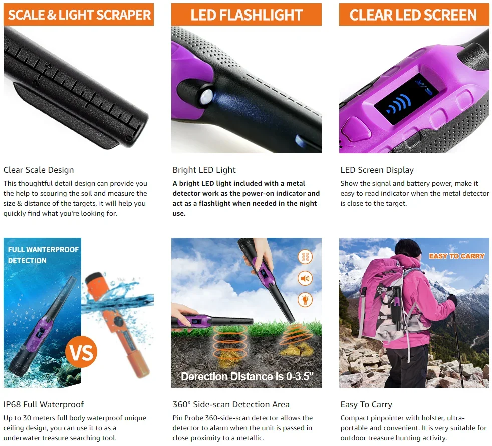Metal Detector Pinpointer Waterproof Handheld Pin Pointer Wand 3 Modes Search Treasure Pinpointing Finder Probe with LCD