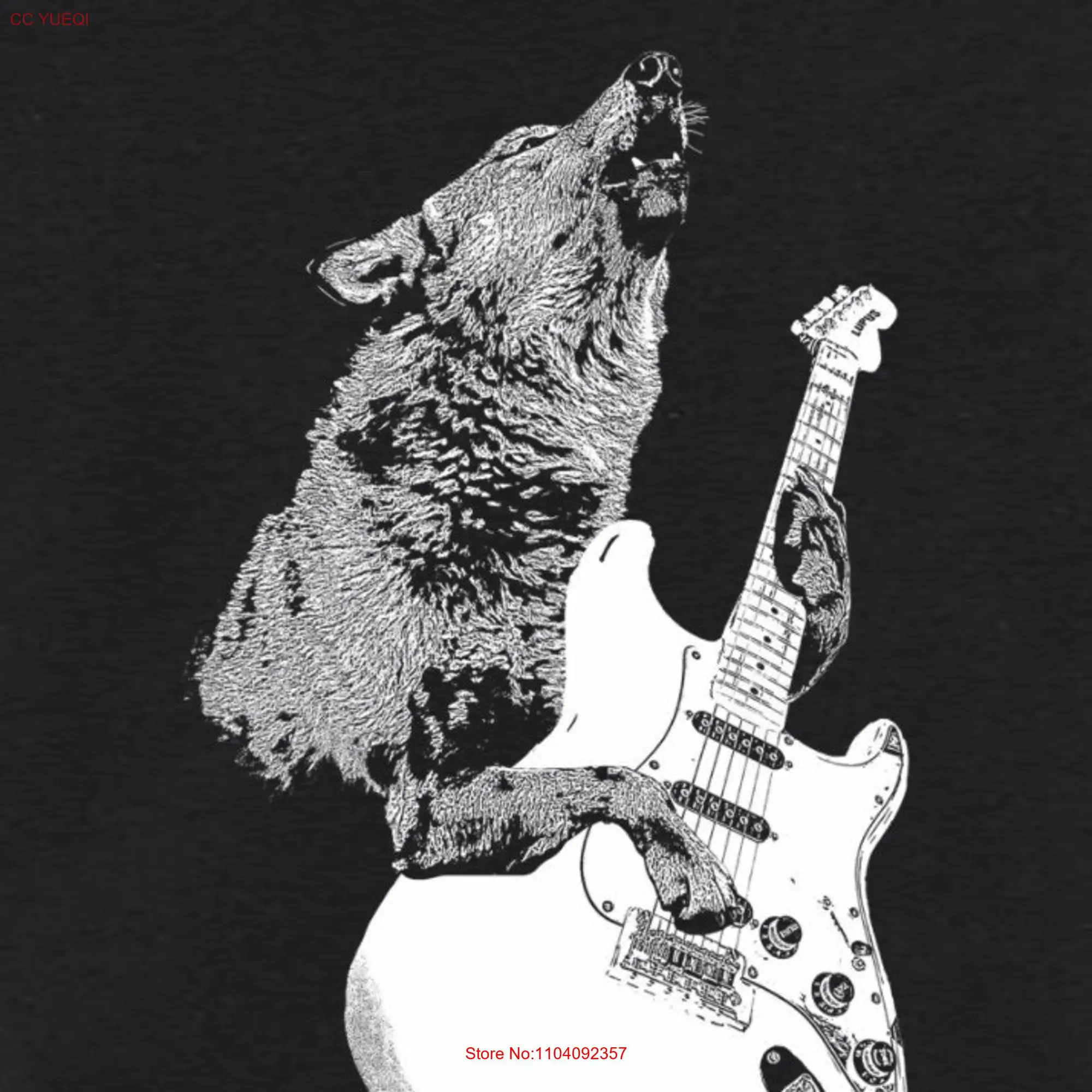 Wolf Playing Guitar T Shirt Howling Dog Music Men's Apparel long or short sleeves