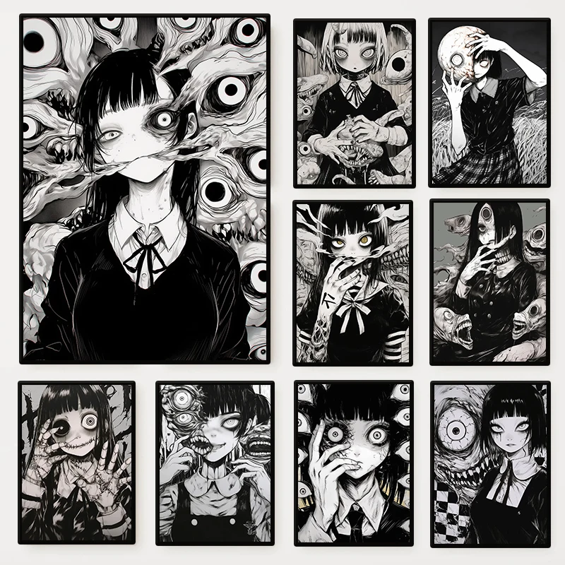 Japanese Black and White Horror Girl Comic Poster Monster Ey
