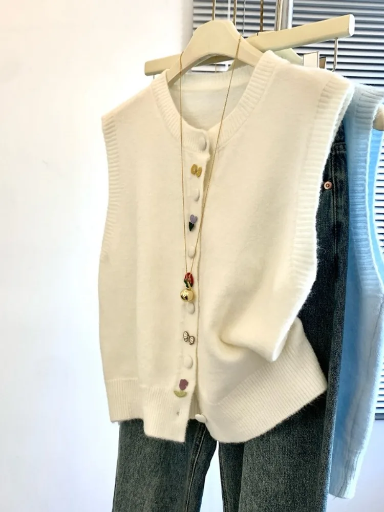 

Шикарный вязаный жилет на пуговицах, женский ранняя весна, новый кардиган Sle Dopane, свитер, модный сладкий Sle ort Length