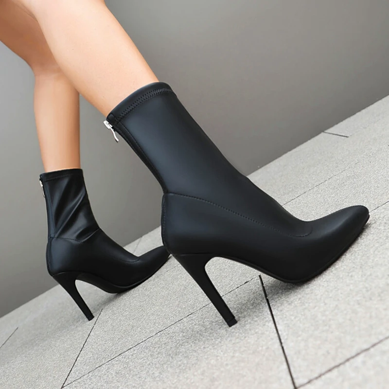 ORCHALISA Fashion 10cm Stiletto Heel Faux Leather Ankle Boots Autumn Antislip Shoes Big Size 45 46 47 48 US17 Silver image 5