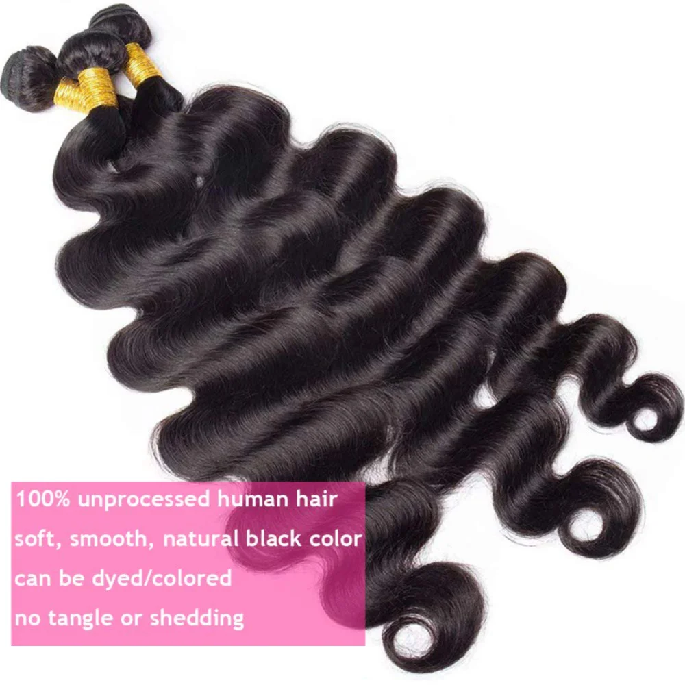 Fasci di capelli umani 100% onda del corpo brasiliana non trattata 1/3 fasci estensioni dei capelli umani tessere colore nero naturale 1B per donna