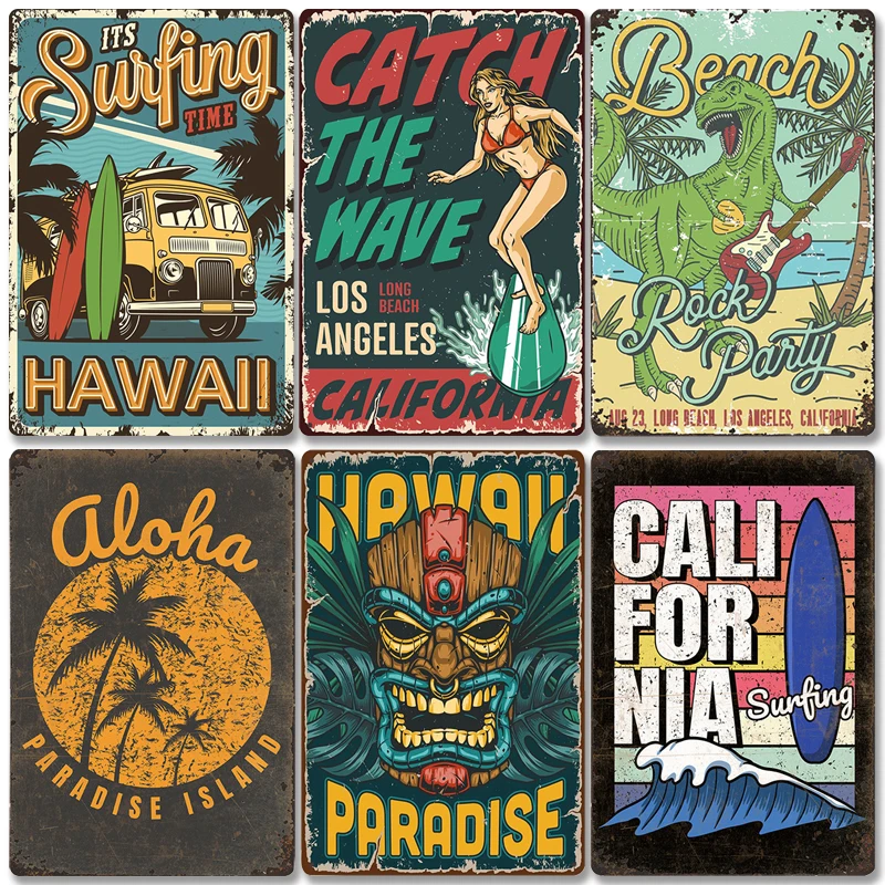 Vintage Beach Party Poster Surfing Paradise Metal Tin Signs California Hawaii Metal Plate Wall Decor for Bar Pub Club Home