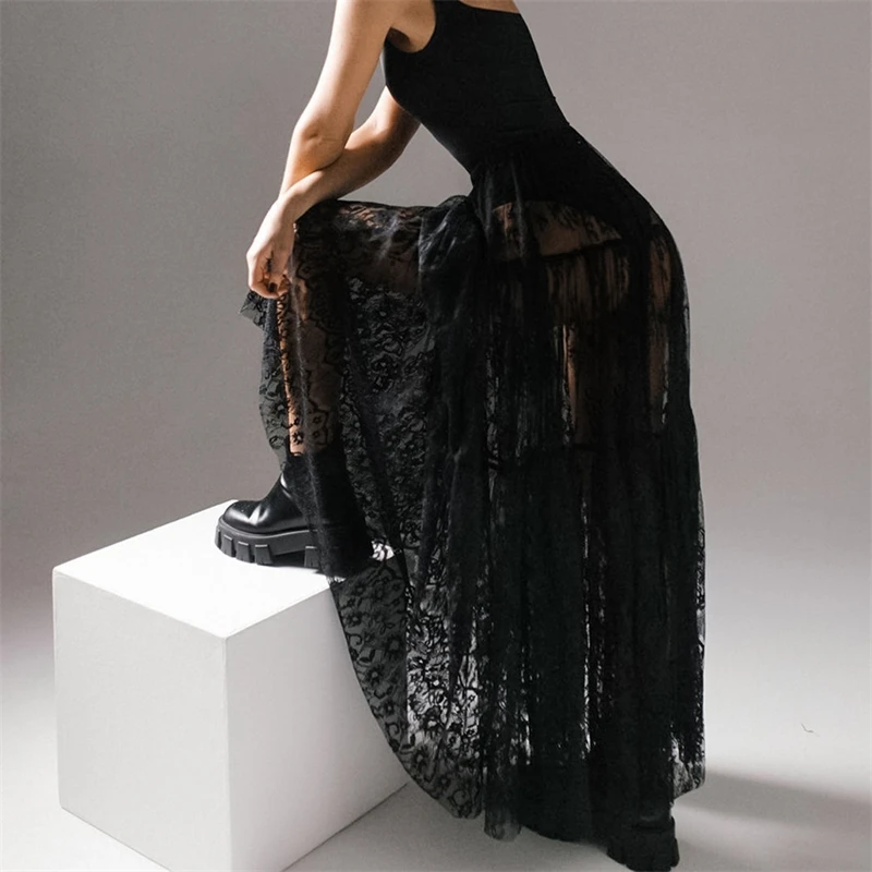 Elegant Black Lace Maxi Skirt Women's High Waist Bottom Summer Sexy Sheer Niche Aesthetic Skirt Fashion Patchwork Umbrella Skirt