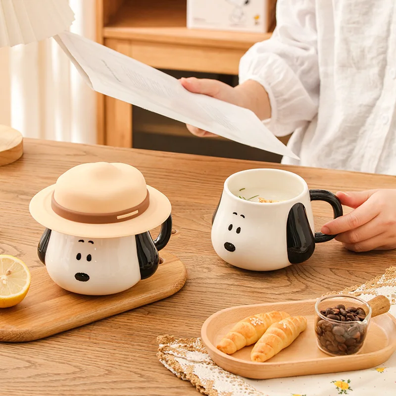 Miniso Snoopy Mug Kawaii Japanese Cartoon Ceramic Straw Hat Coffee Cup Cute Girl Water Cup Gift Children's Milk Cup