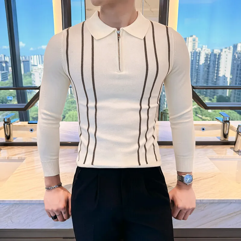 2025 Spring Sweater Men High Quality Zipper Flip Collar Striped Knitted Polo Shirt Men Fashion Long Sleeve Casual Slim Pullovers