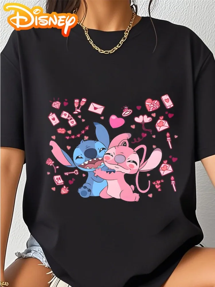 ディズニー レディース かわいい漫画カップルプリント Tシャツ ルーズフィット クルーネック 半袖トップ 快適なファミリーウェア 原宿スタイルトップ