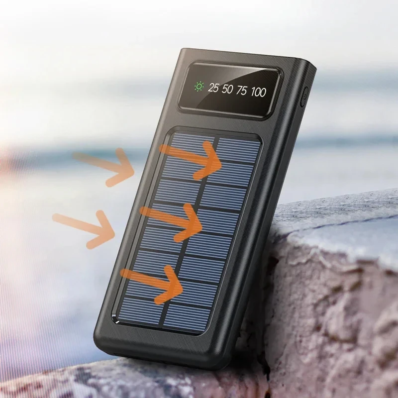 Lenovo 200000mAh Solar Power Bank Built Cables Solar Charger 2 USB Ports External with LED Light Super Fast Charger Power Bank image 2