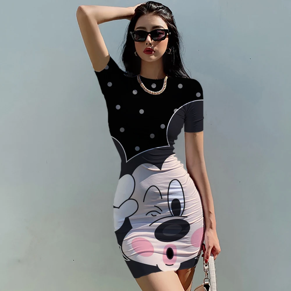 Disney Mickey Mouse Woman Dresses Elegant Dress Office Tight Slim Lady O Neck Summer Casual Cartoon 3D print Mini Dress Vestidos