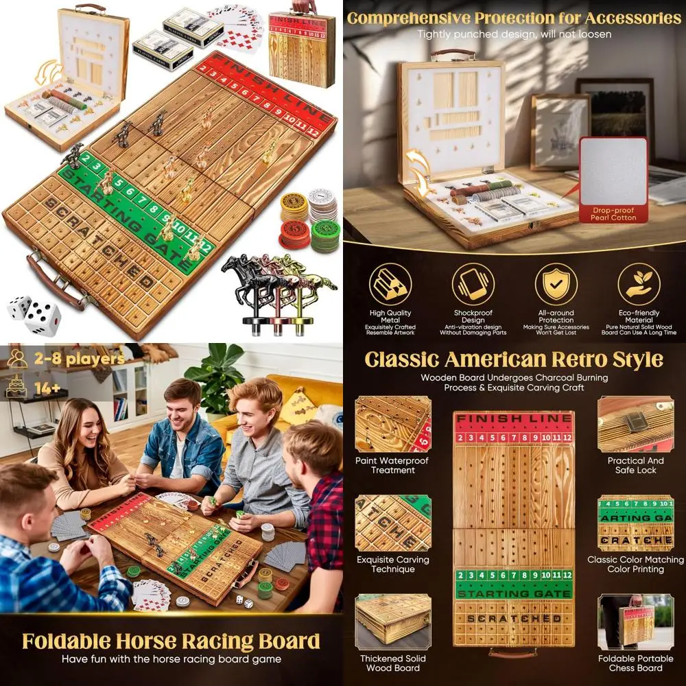 

Dual-Function Wooden Horse Racing Board Game with 11 Metal Horses, 2 Dice, and Card Sets