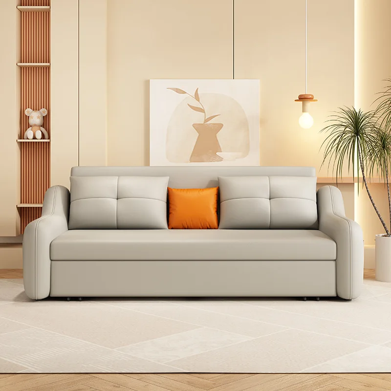

anti-cat claw leather sofa bed dual-purpose room cream small multi-functional storage retractable
