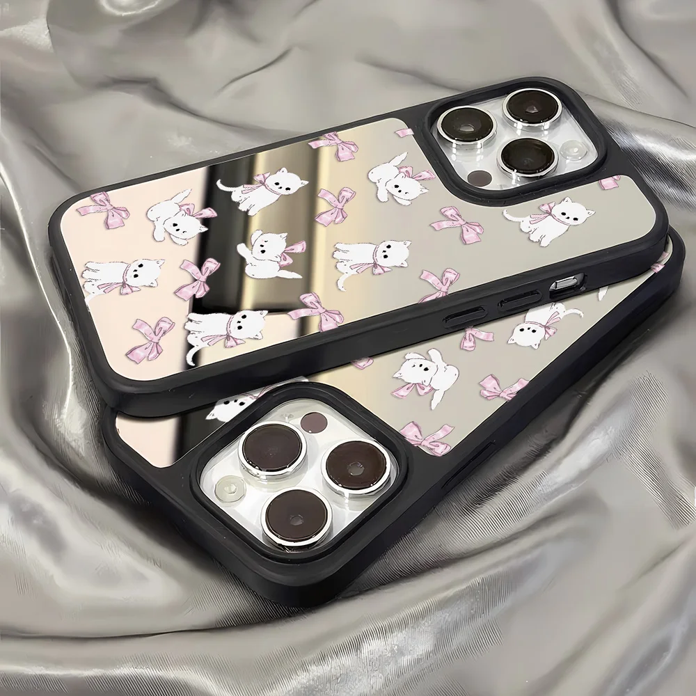 เคสโทรศัพท์ลายการ์ตูนสัตว์แมวน่ารักพร้อมกระจก สำหรับ iPhone 16 Pro, iPhone 14, 13, 15, 11, 12, 17 Pro Max เคสซิลิโคนนิ่มกันกระแทก