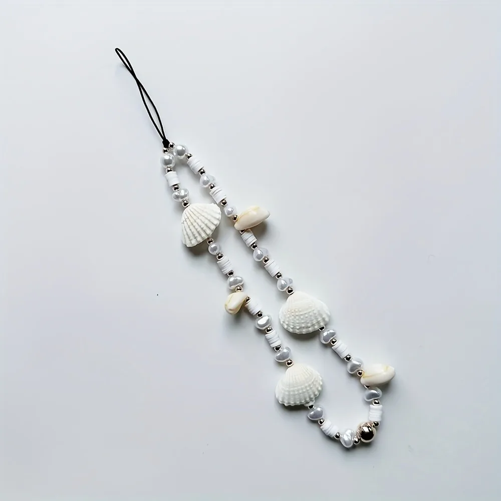 White Conch Shell Beaded Phone Chain Lanyard Fashion Ocean Style Wrist Strap For Women For iPhone Universal Accessories Lanyard