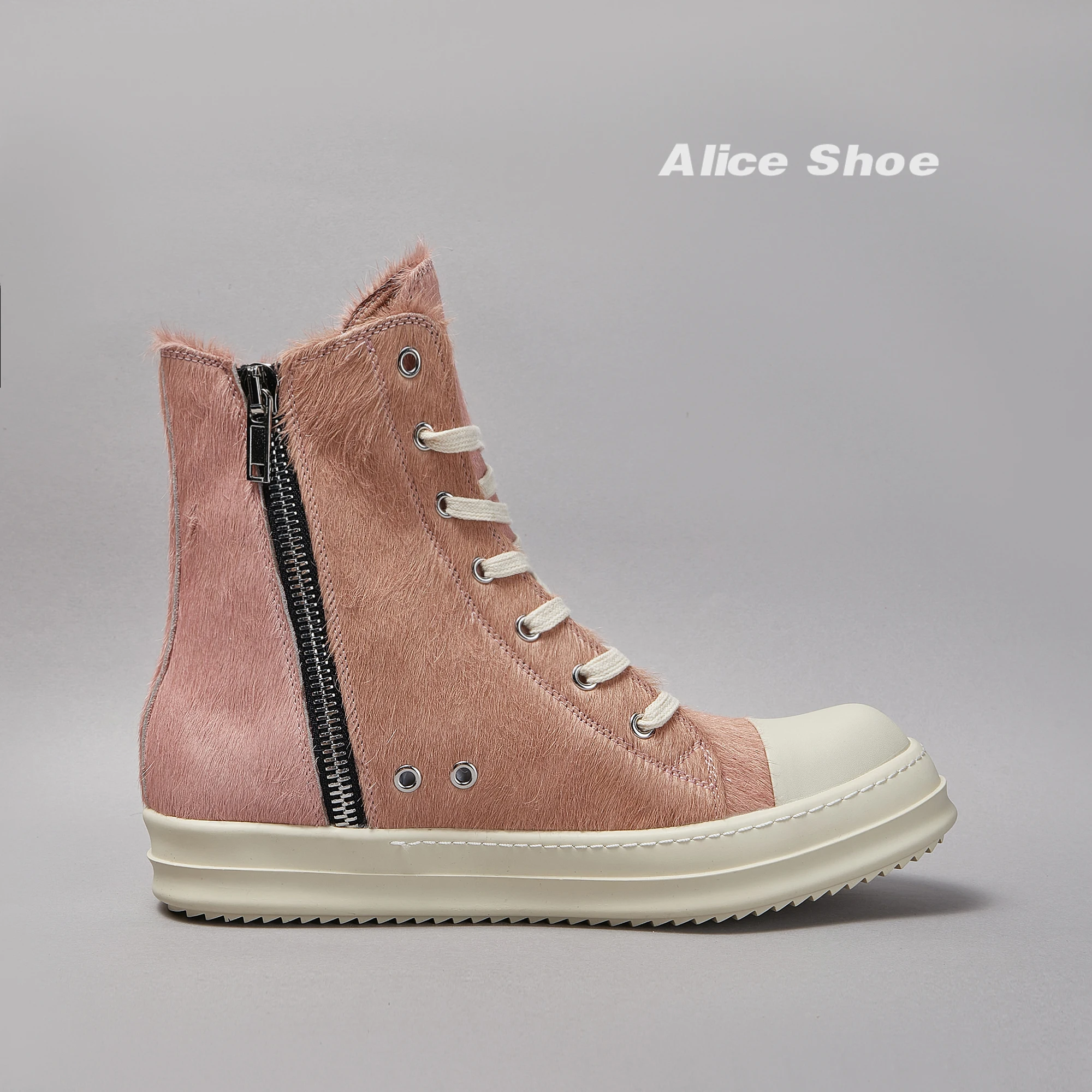 Brand Casual Men Shoe Horse Fur Leather Women Sneaker Pink High Top Lace Up Wow-en Designer Icks Brand Thick-sole Flat Shoe