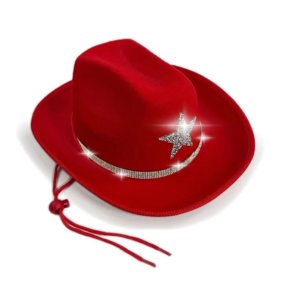 

Rhinestone Western Hat Wide Brim Sparkly Star Cowgirl Hat Comfortable Fit Felt Material Jazz Cap For Dress-Up Party Festival