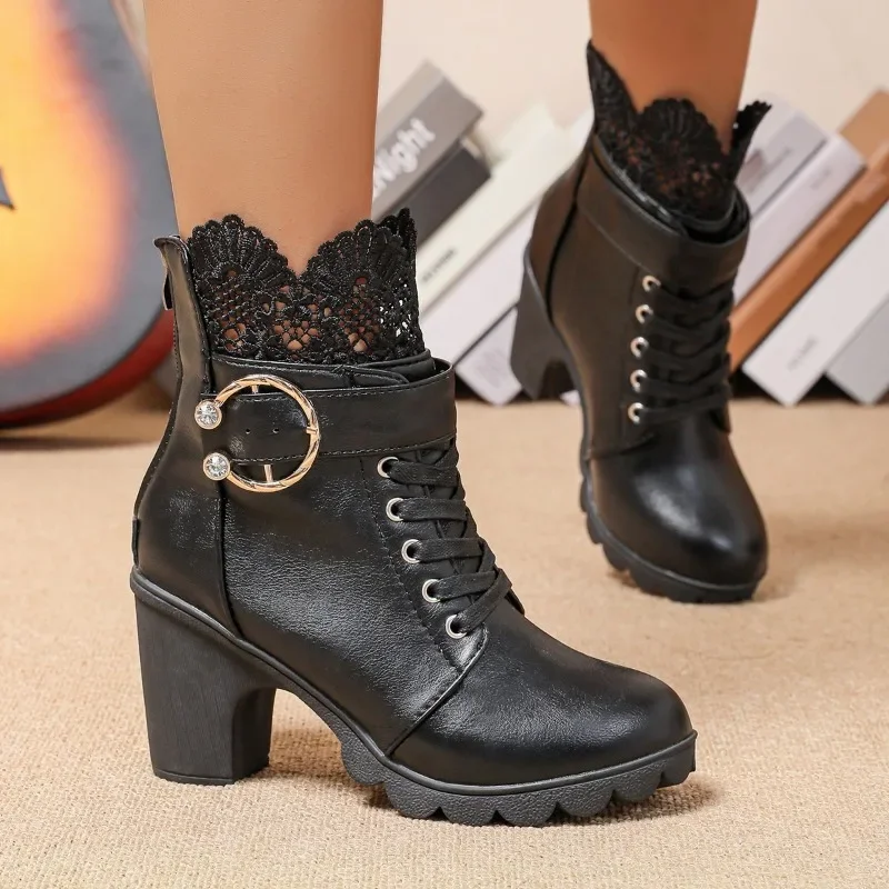 2024 Winter High Quality Women's Shoes Fashion Pointed Toe Solid Color Zipper Short Barrel Metal Buckle Women's Fashion Boots