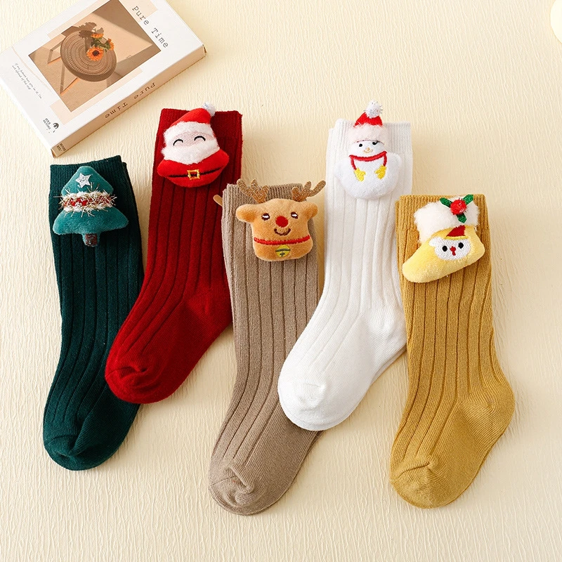 Blotona Kids Christmas Socks Soft Crew Socks with Cartoon Doll Breathable Elastic Walking Socks for Baby Clothing Accessory