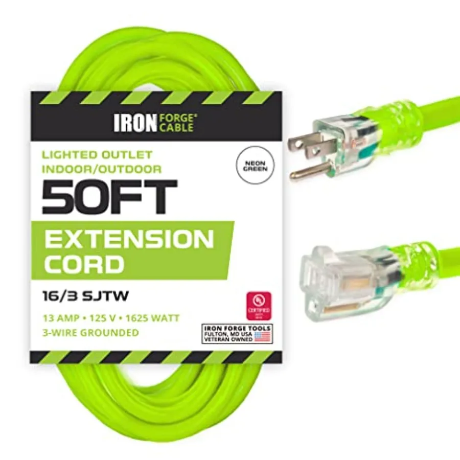 

Weatherproof Outdoor Extension Cord - 16/3 SJTW 13 Amp Heavy Duty High Visibility Cable with 3 Prong - Lighted End
