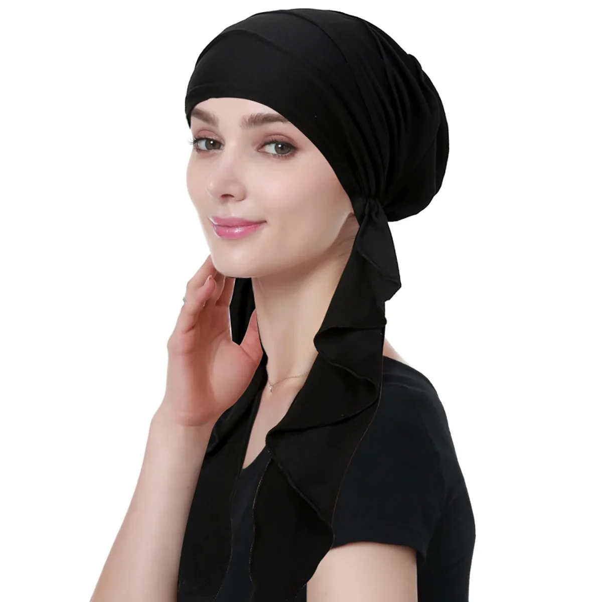 2024 New Solid Color Crinkle Women\'s Hijab Muslim Ladies Turban Bonnet Long Tail Head Wrap Head Scarf Indian Hats