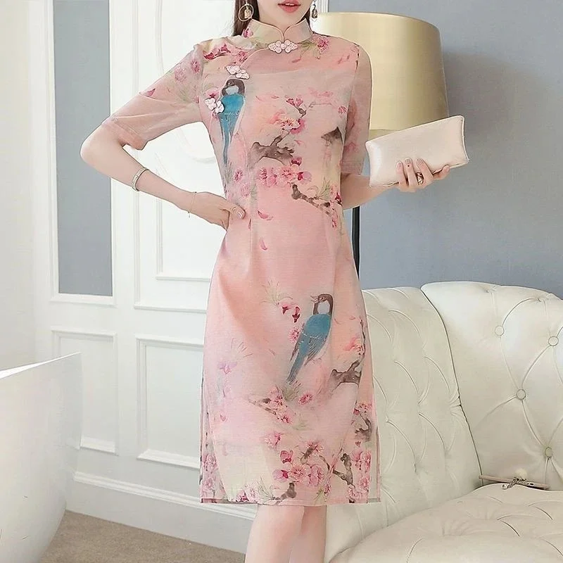 Improved Cheongsam Dress for Women 2025 Summer New Fashionable Korean Style Dress for Girls Tailored Medium to Long Style Gift