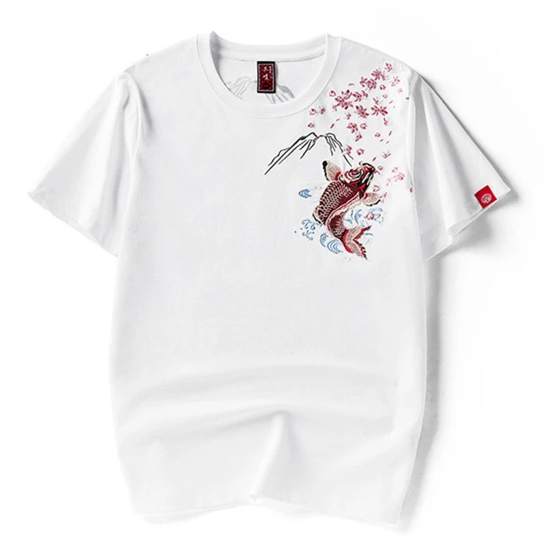 Japan Style Sakura & Koi Fish Embroidery Men Short Sleeve T-Shirt 2024 New O-Neck Mens Casual Summer Tops 100% Cotton