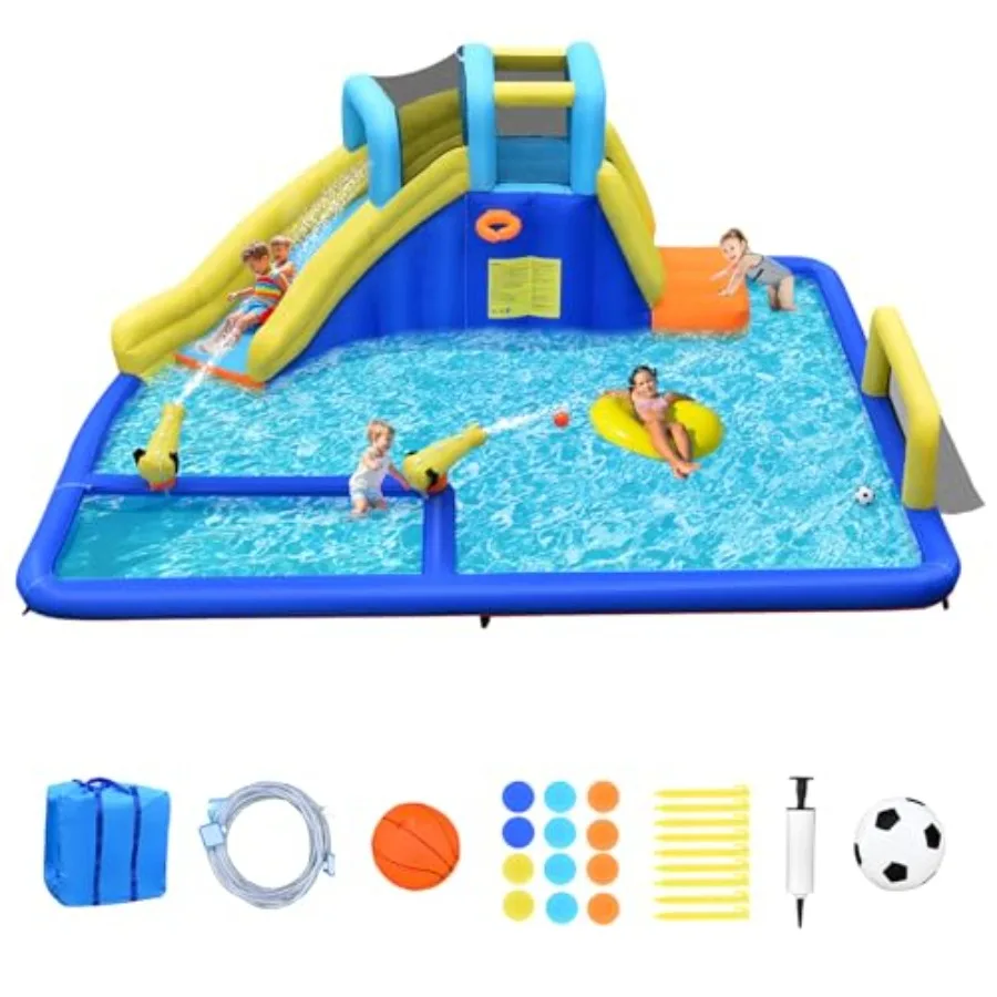 

Надувная водная горка 7 в 1 с батутом, футбольными воротами, большим бассейном и 2 водными пистолетами для улицы и двора