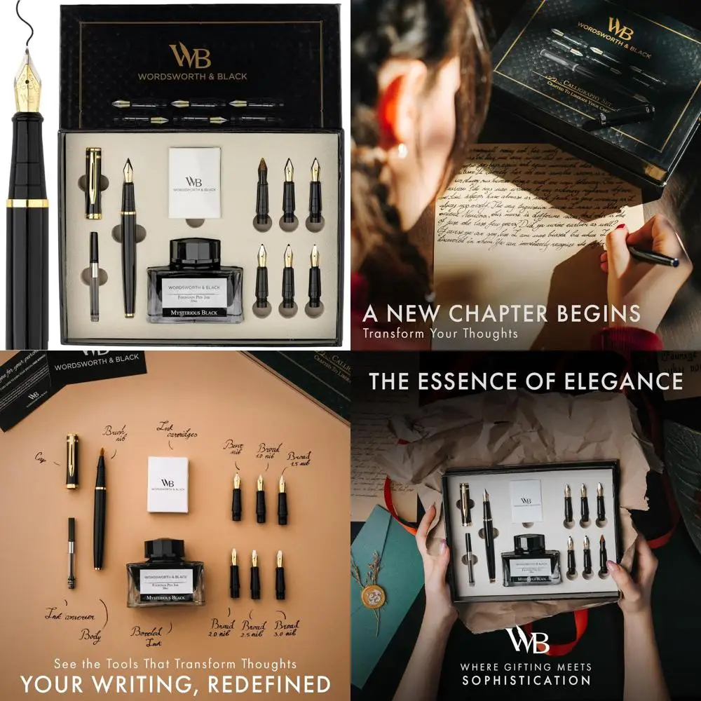 

Elegant Calligraphy Gift Set with Bottle, 6 Ink Cartridges, Converter, 6 Nibs, Deluxe Packaging, Ideal for Journaling, Black Gol