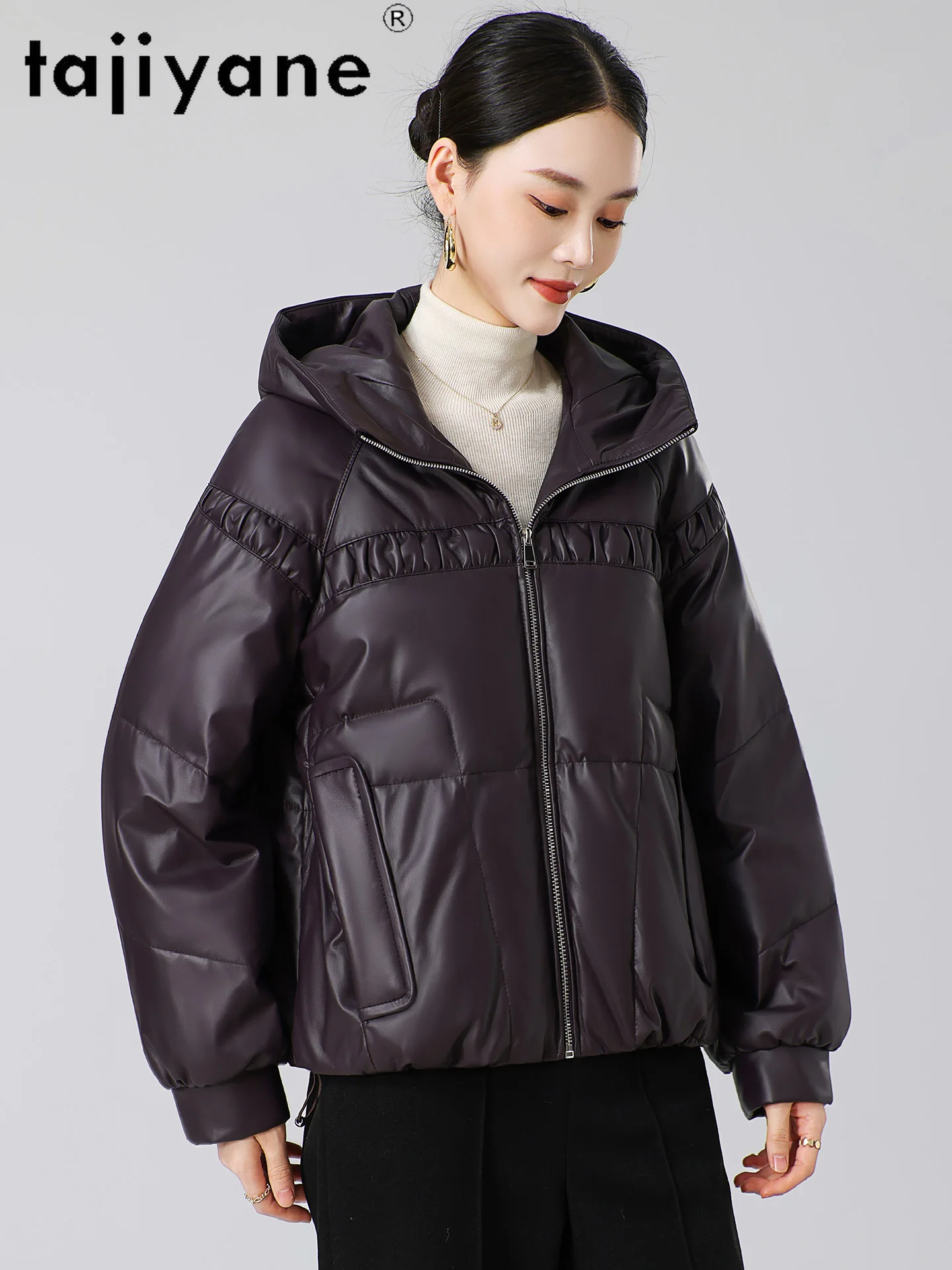 TAJIYANE Vera pelle di pecora Piumino d'anatra Cappotto da donna corto con cappuccio Capispalla Elegante giacca in vera pelle Abiti invernali Donna 2025 