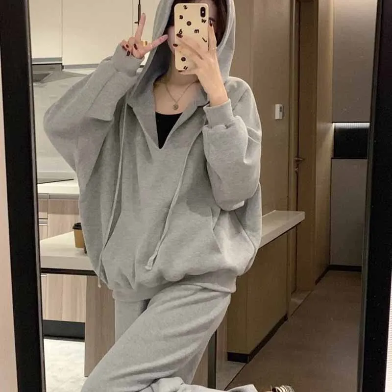 

Men's Autumn Winter plus Size Hoodie Sweatirt Drapey Wide Leg Pants Set Long Sve Youth Polyester Fiber Casual Sportswear