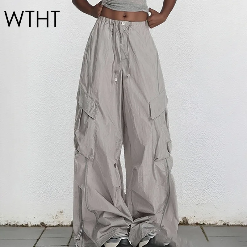 

WTHT Trendy Women's Drawstring Design Wide Leg Cargo Pants 2025 Summer Fashion New High Waist Casual Trousers Female 1LS2154