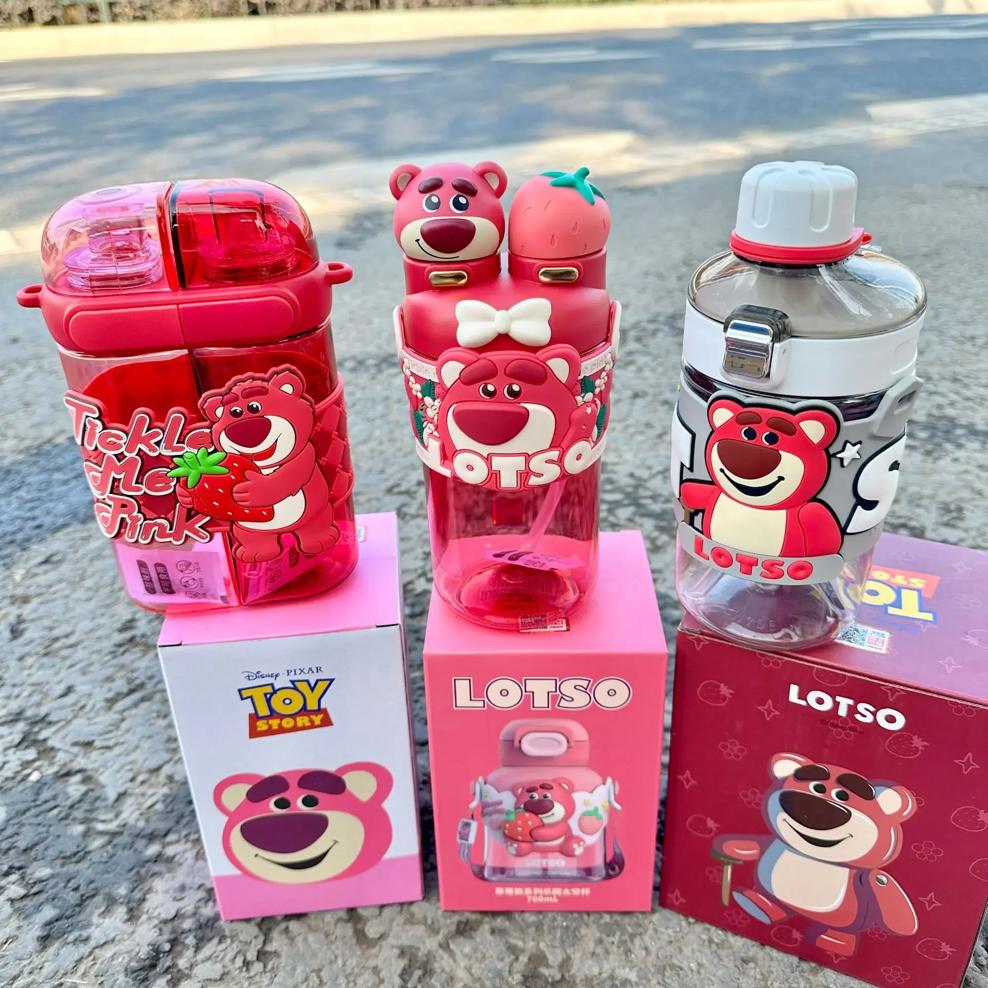 Kobiety Disney Lotso różowy miś dzieci plastikowe butelki na wodę słomkowy podwójny Drink dziewczynka ramię przenośna studentka darmowa wysyłka