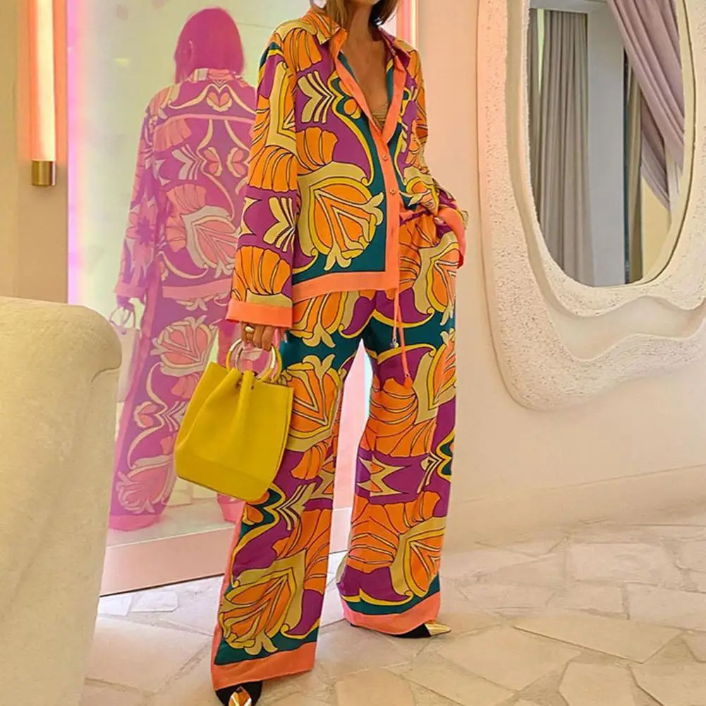 Ethnic Shirt Pants Suit Women Suit Vibrant Ethnic Style Ladies Shirt Pants Suit Wide Leg Exaggerated Pockets High Elastic Waist