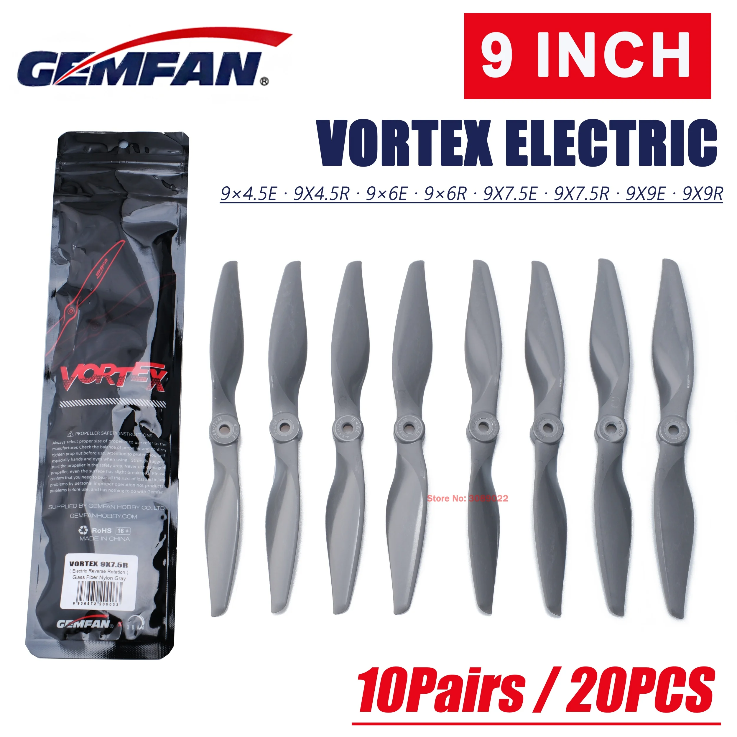 10Pairs/20PCS GEMFAN 9Inch VORTEX Electric Propeller 9×4.5E 9X4.5R 9×6E 9×6R 9X7.5E 9X7.5R 9X9E 9X9R For RC FPV Fixed-Wing 3115