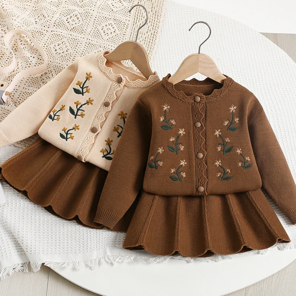 

Korean Autumn Kids Girl Outfit Floral Embroidery Cardigan Coat Suit Children Girls Solid Pleated Skirts Outfit Toddler Girl 2PCS