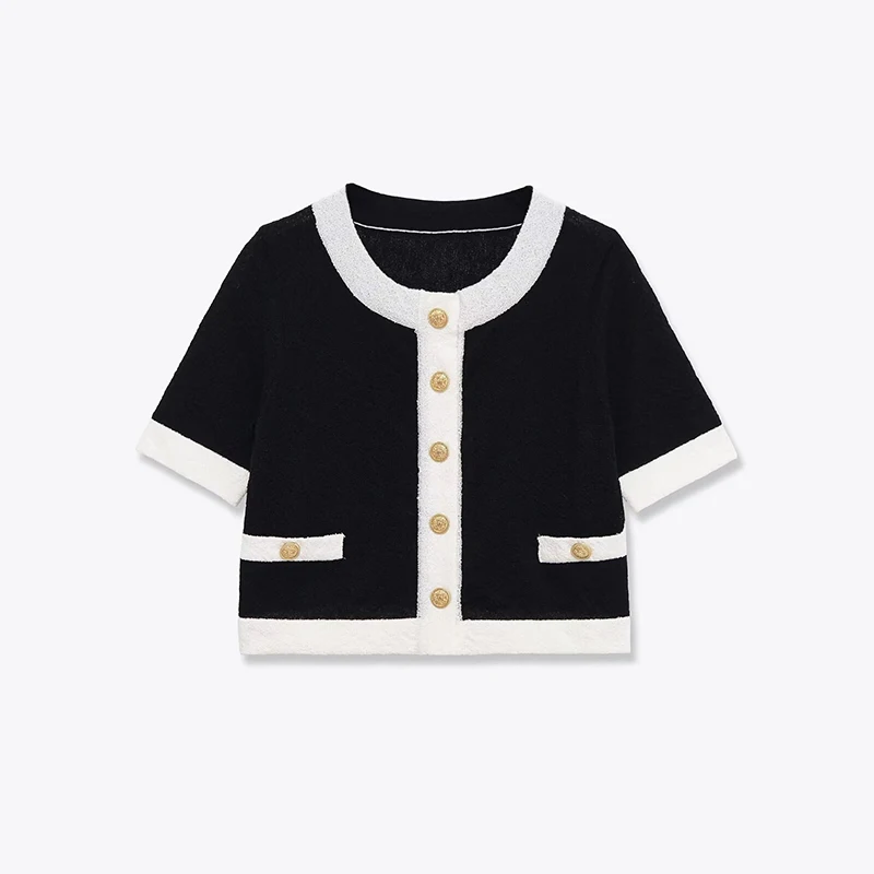 

Spring 2026 Women Round Neck Short Sleeve Contrast Jacket Front Button Chic Lady Crop Top