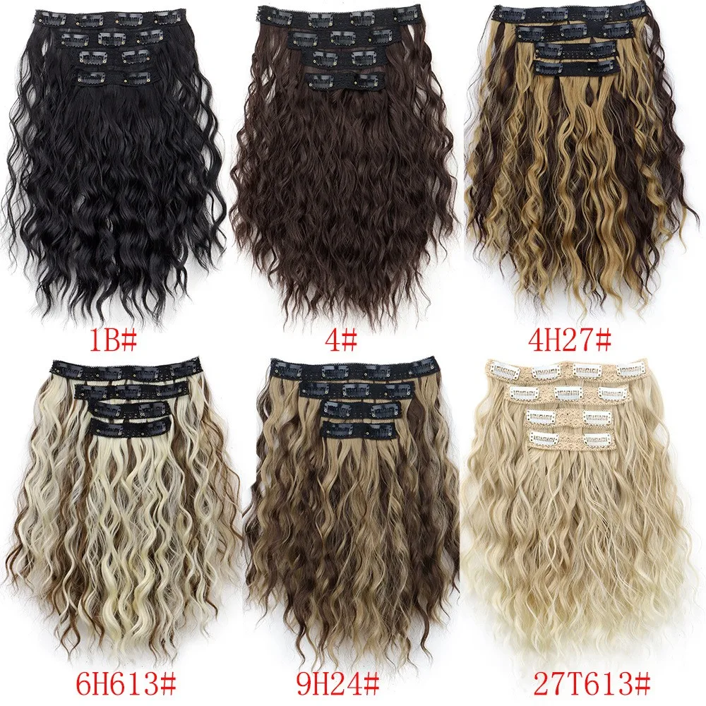 Cosplay Hair Extension Anime Wavy Brown Blonde Hair Extensions Women's 4 Pcs Set Clip In Hair Water Wave Black Wig Pieces