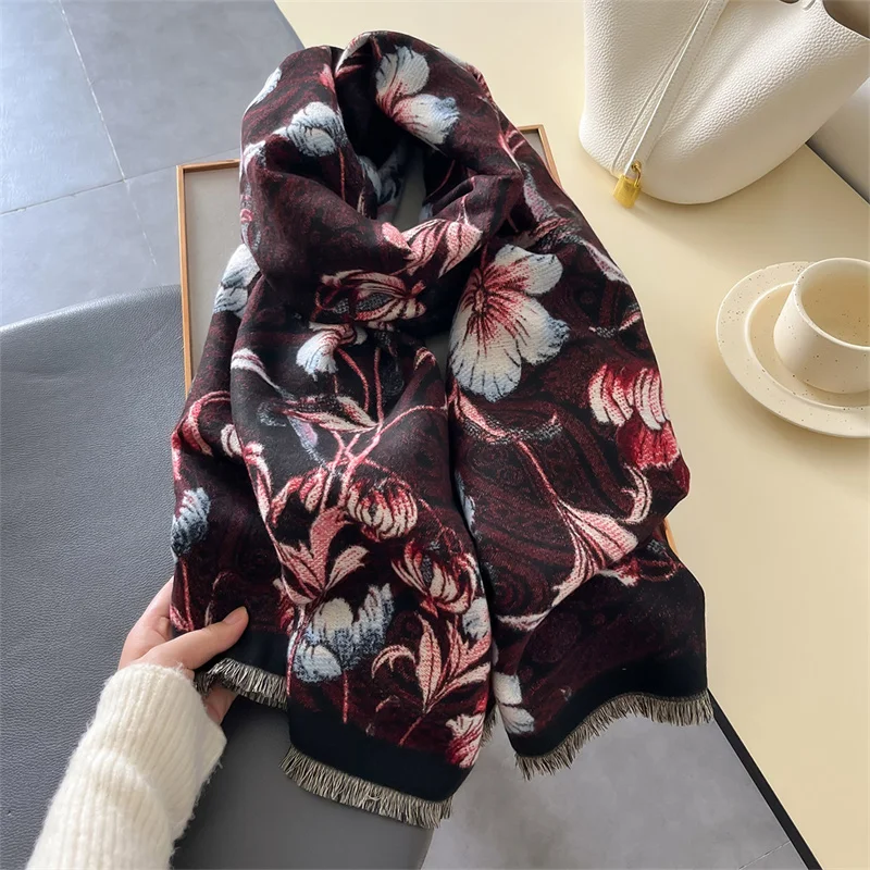 Fashion Luxury Oil Painting Style Women Winter Scarf Cashmere Floral Warm Shawl Pashmina Female Foulard Wrap HIjab Neckerchief