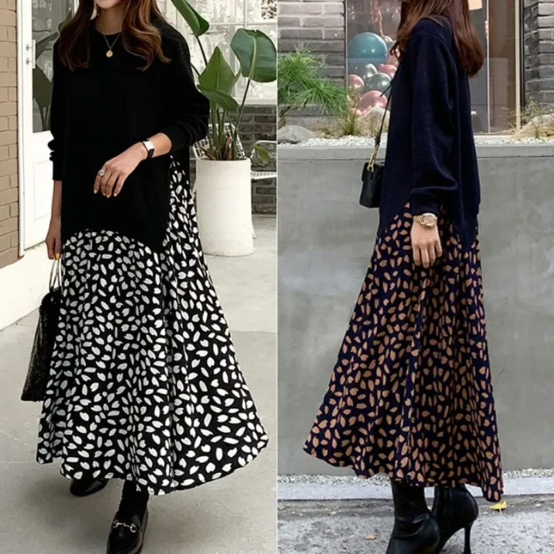 Plus Size Women Long Sleeved Top Patchwork Print Large Swing Dress Round Neck Fake Two-piece Autumn Winter New Fashion Outfit