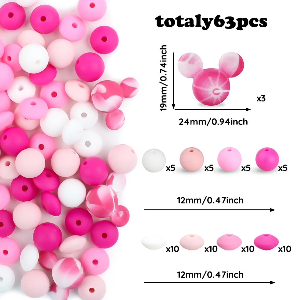 

63 PCS Silicone Beads Mice Cartoon Shape Teething Beads Set DIY Accessor Free BPA Combination Newborn Toy Pacifier Chain Clips