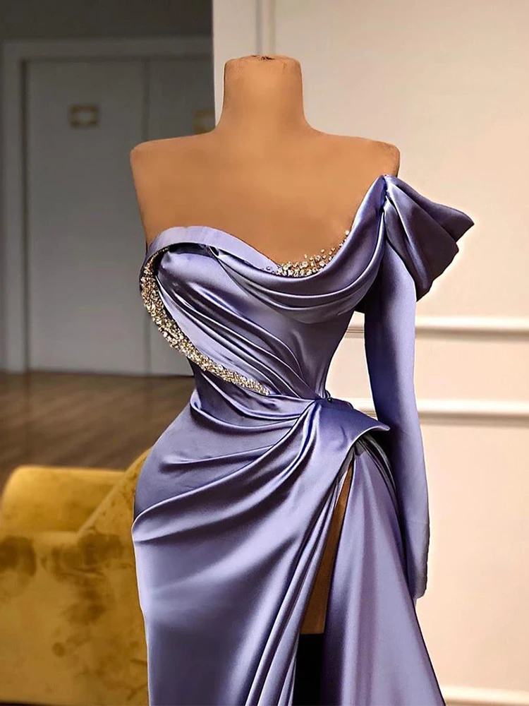 Robe De soirée en Satin à manches longues, Sexy, avec fente latérale haute, avec perles, Simple, 2023