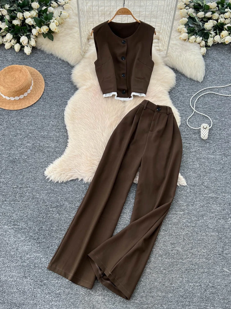 

Casual High Waist Wide Leg Suit Pants Two-Piece Set Women's Svel round Ne Vest Faionable Lightweight Summer Outfit